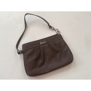Coach Dark Brown Pleated Leather Wristlet Bag Silver Script Logo Lavender Lining